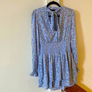 NWOT cinched waist, pussy bow, cornflower blue long sleeve mini dress